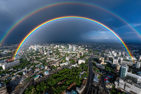 A double rainbow arches across the sky over a cityscapeの素材