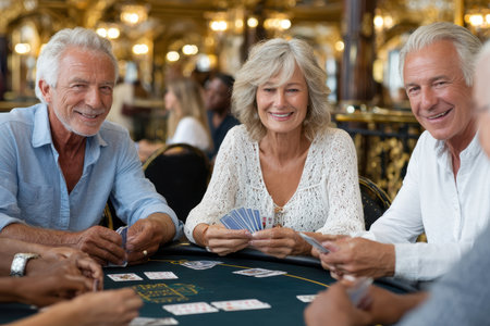 A group of elderly friends plays cards together at a stylish casino, sharing laughs and enjoying each other's company.の素材
