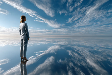 A woman gazes at the stunning sky while standing on a mirror-like surface during sunset.の素材