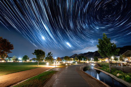 A park with a canal and trees under star trails at nightの素材
