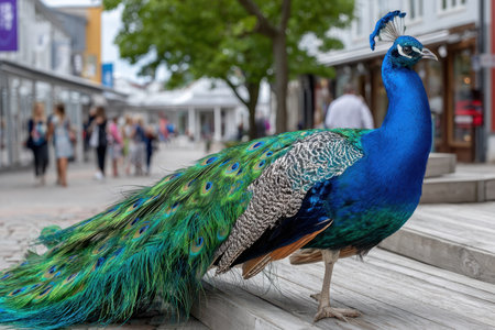 A beautiful peacock stands proudly on wooden steps, showing its colorful feathers while people stroll nearby.の素材