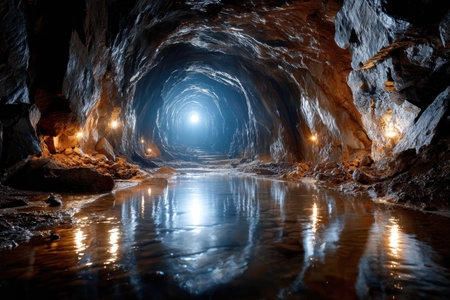 A subterranean river flows through a dimly lit tunnel in a caveの素材