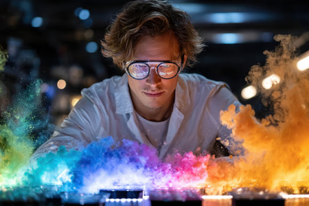Scientist observes a colorful chemical reaction in a dark laboratoryの素材