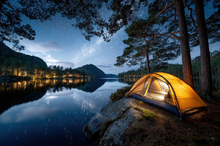 An illuminated tent sits by a tranquil lake under a starry night skyの素材