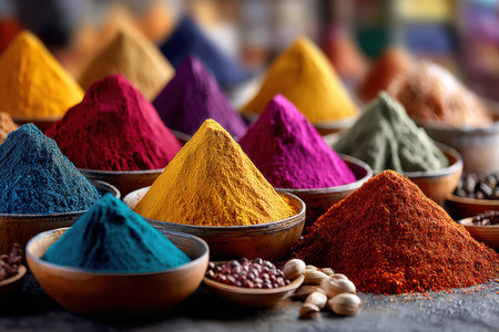 Various colorful spices are neatly arranged in bowls on a tableの素材