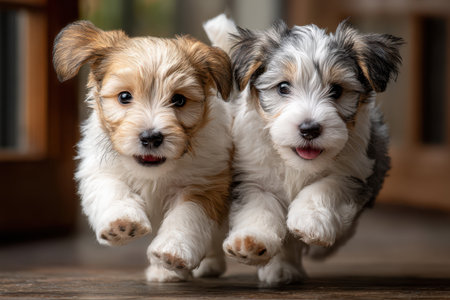 Two fluffy puppies run towards the camera on a wooden floorの素材