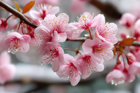 Closeup of pink cherry blossoms with water droplets on a branchの素材