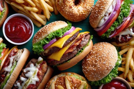 Overhead view of various burgers and fries on a turquoise surfaceの素材