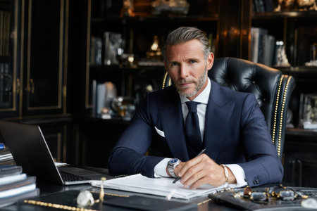 A businessman in a tailored suit is focused on writing at his elegant desk in a sophisticated office setting.の素材