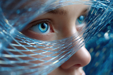 A young person stares intently through a delicate blue mesh, highlighting striking blue eyes and artistic expression.の素材