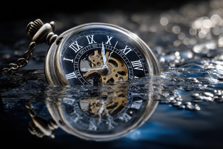 An antique pocket watch is partially submerged in water, highlighting its elegant design and detailed mechanics.の素材