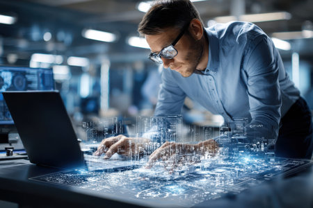 A man focuses on creating a digital city model while interacting with a laptop in a contemporary workspace.の素材