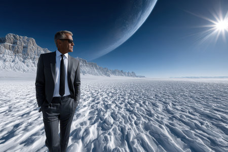 A man dressed in formal attire strides across a vast snowy terrain under a shining sun and giant planet.の素材