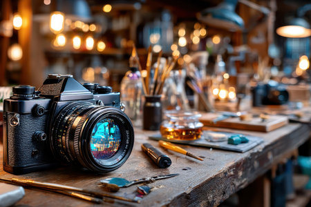 A vintage camera sits on a cluttered workbench filled with artist supplies in a warm, softly lit studio The background is blurred, creating a cozy and inviting atmosphereの素材