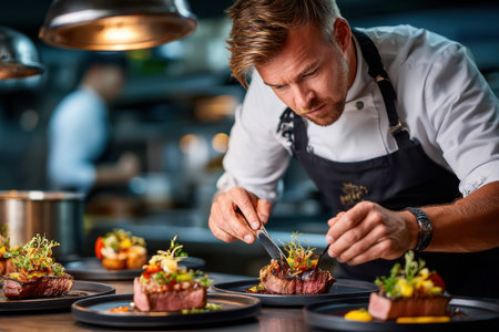 A skilled chef garnishes beautifully plated steak dishes with fresh herbs and vegetables in a busy kitchen.の素材