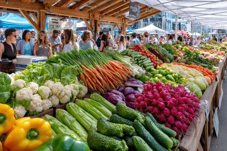 A panoramic shot of a bustling farmer's market, under bright morning light, capturing the vibrancy of local lifeの素材