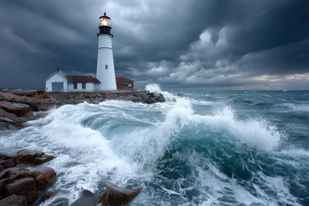 A shot of a lighthouse standing tall against a stormy sea, captured with a wide-angle lens to convey a sense of danger and resilienceの素材