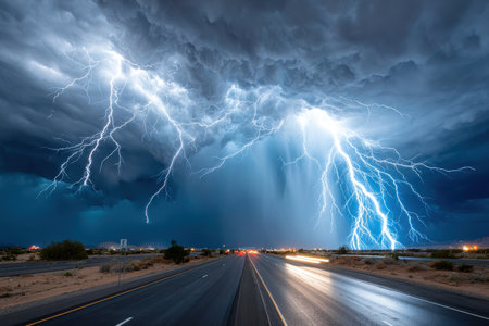 A desert highway at night is lit by multiple bolts of lightning from an intense thunderstormの素材