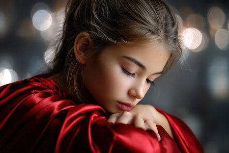 A young girl in a vivid red robe reflects quietly, her expression thoughtful against a soft, shimmering background.の素材