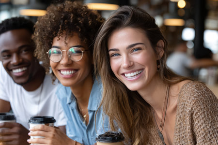 Three friends smile while sitting at a cafe, savoring their coffee and enjoying each other's company.の素材