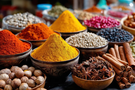 Various colorful spices and herbs displayed in bowlsの素材