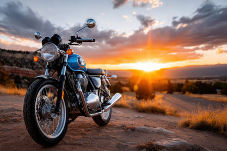 A classic motorcycle parked on a rocky outcrop during a vibrant sunset in the countryside.の素材