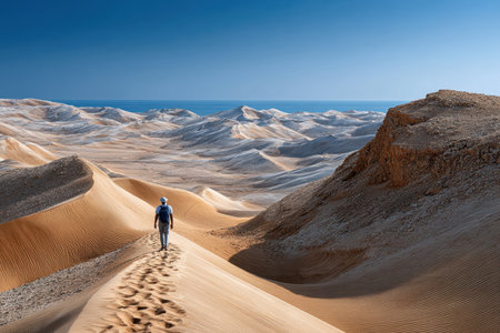 A solitary figure standing on a desert dune, under the harsh midday sun, captured with a telephoto lens, conveying a sense of isolation and adventureの素材