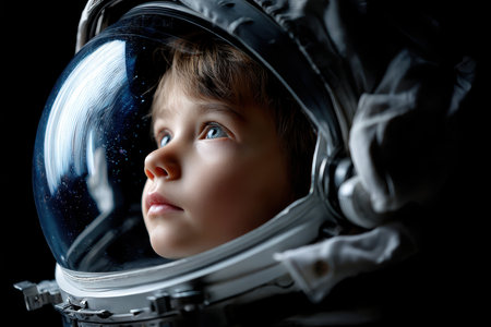 A young child, wearing an astronaut helmet, looks upward with amazement, surrounded by darkness.の素材
