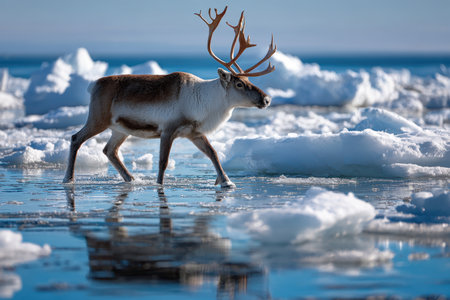 A reindeer moves gracefully over frozen water while scattered icebergs reflect in the clear, calm surface.の素材