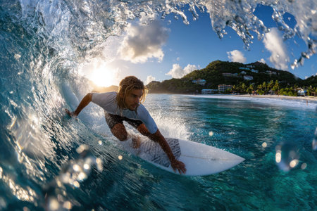 A surfer rides a wave near a tropical beach at sunsetの写真素材