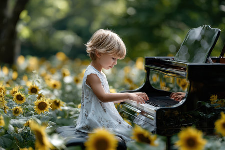 A child concentrates on playing a black piano surrounded by vibrant sunflowers in a lush garden.の写真素材