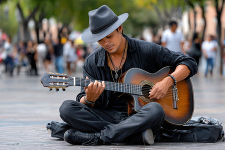 A skilled musician plays his guitar while seated on the pavement, captivating passersby in a busy urban area.の写真素材
