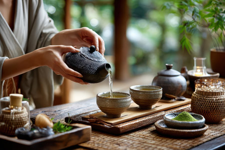 Person pouring tea from a traditional teapot into small cups during a tea ceremonyの写真素材