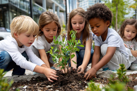 Five children participate in planting a tree in a community garden surrounded by buildings and greenery.の写真素材