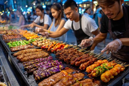 Street vendors grilling various meat and vegetable skewers at a bustling night marketの写真素材