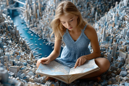 A girl in a blue dress examines a large map, surrounded by an intricate city model during daylight.の写真素材