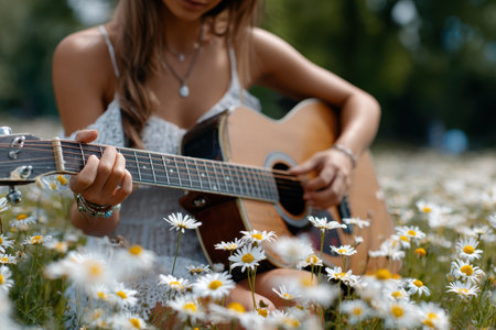 Young woman strumming guitar while sitting in a field of daisies under bright sunlight.の写真素材