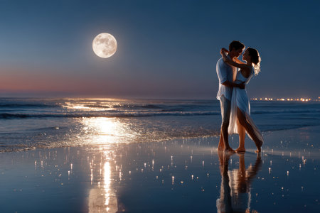 A couple shares a romantic moment on a beach as the full moon lights up the water and sky.の素材