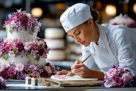 A talented pastry chef carefully paints floral decorations on a wedding cake surrounded by vibrant flowers.の素材