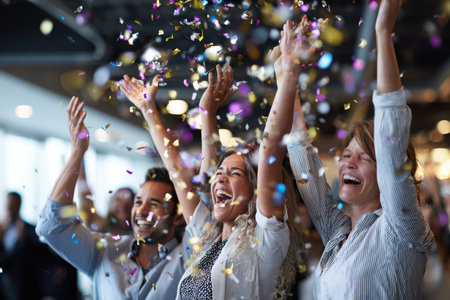Friends are laughing and cheering joyfully while colorful confetti falls around them during a festive occasion.の素材