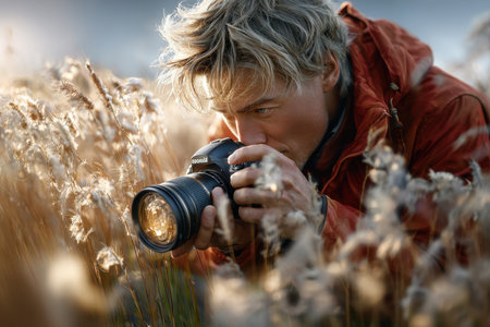 A photographer crouches in a golden grassy field, focusing intently on the intricate details around him.の素材