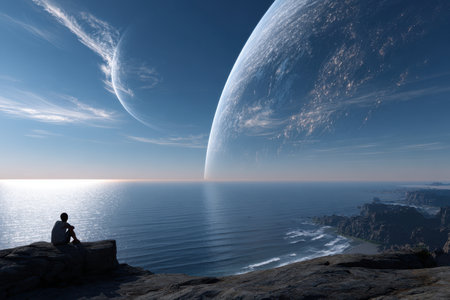A person sits on a rocky ledge, admiring a large planet visible in the twilight sky above the ocean.の素材