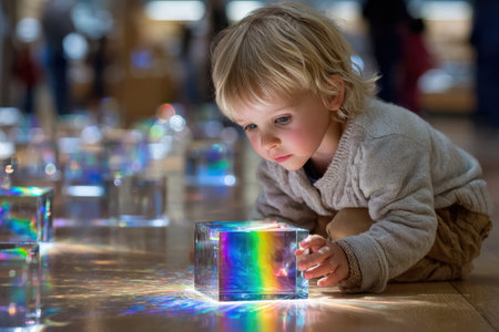 A young child intently examines a translucent cube, mesmerized by the rainbow reflections on the floor.の素材