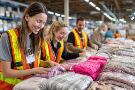 Engaged volunteers in safety vests sort through stacks of donated clothing to prepare for distribution.の素材
