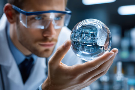 A scientist in a lab coat closely inspects a glass sphere, observing intricate details inside it.の素材