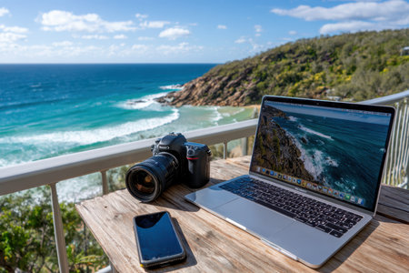 A laptop, camera, and smartphone are placed on a table overlooking a stunning coastal view on a sunny day.の素材