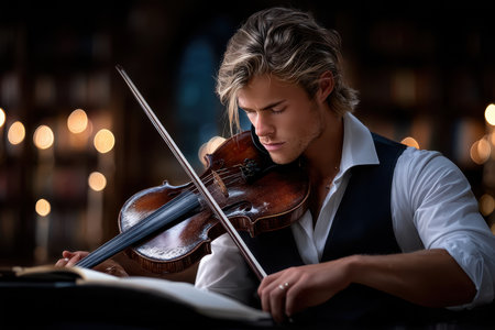 A young musician focuses intently on his violin, surrounded by warm light and books in a library.の素材
