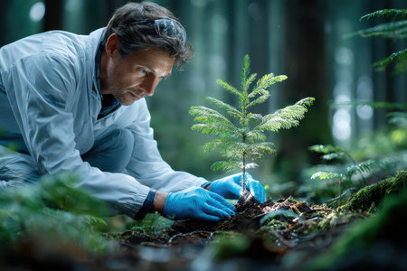 An environmental scientist plants a sapling in a green forest, showing sustainable forestry practices.の素材