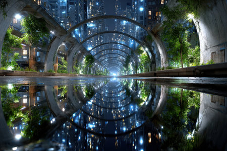 A vibrant urban tunnel features glowing lights and lush greenery reflected on the still water below at night.の素材