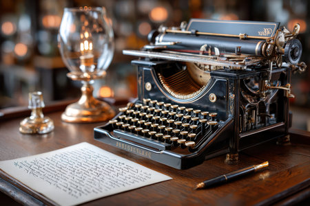 An intricate typewriter sits on a polished wooden desk alongside a glass lamp and handwritten letters.の素材